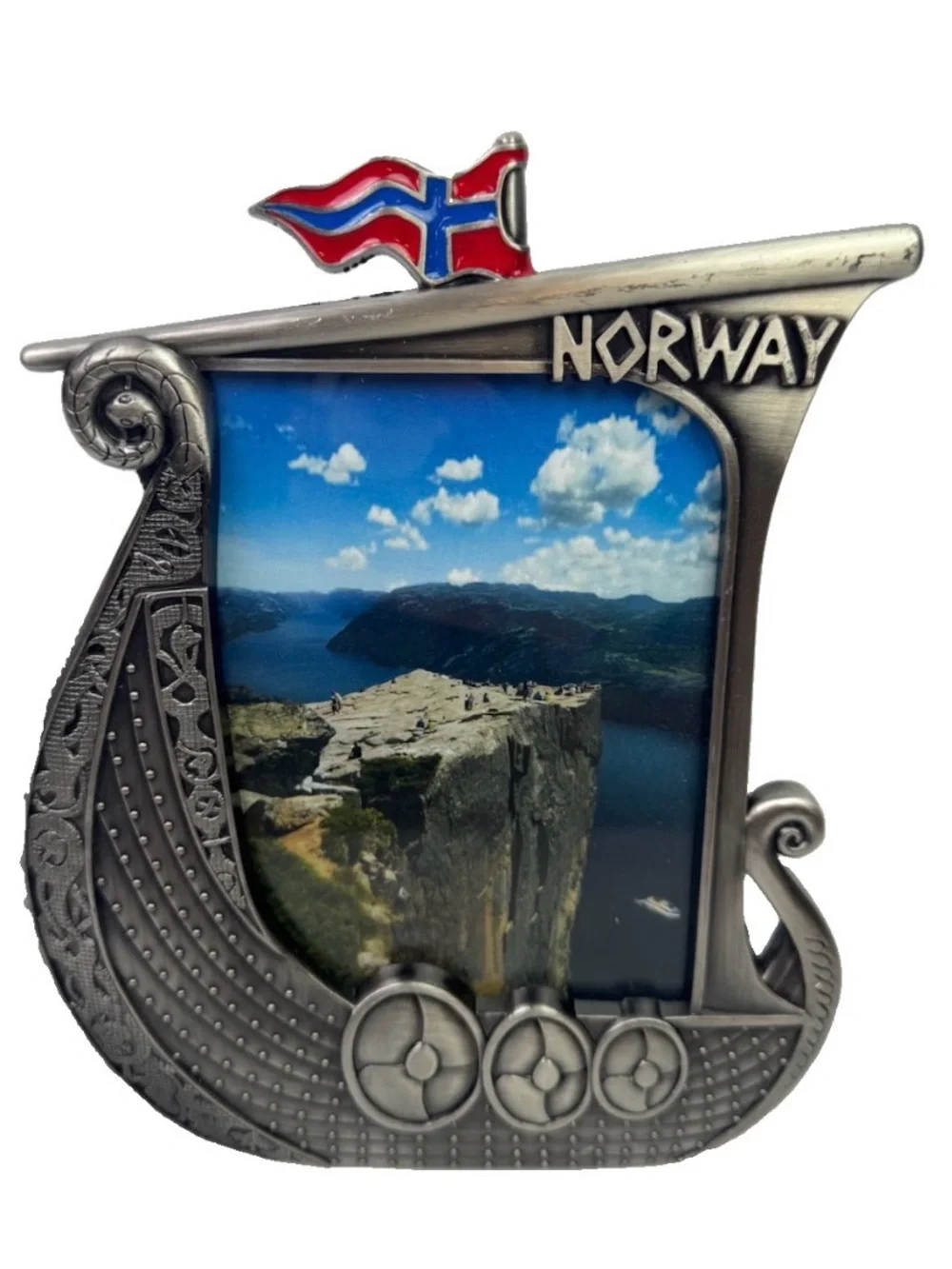 VTG Norway Viking Ship Pewter Tone Souvenir Photo Frame Figural Longship Tableto